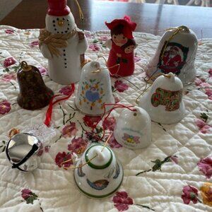 Lot of 9 VINTAGE CHRISTMAS BELLS * Porcelain & Ceramic & CLOISSOINE ~